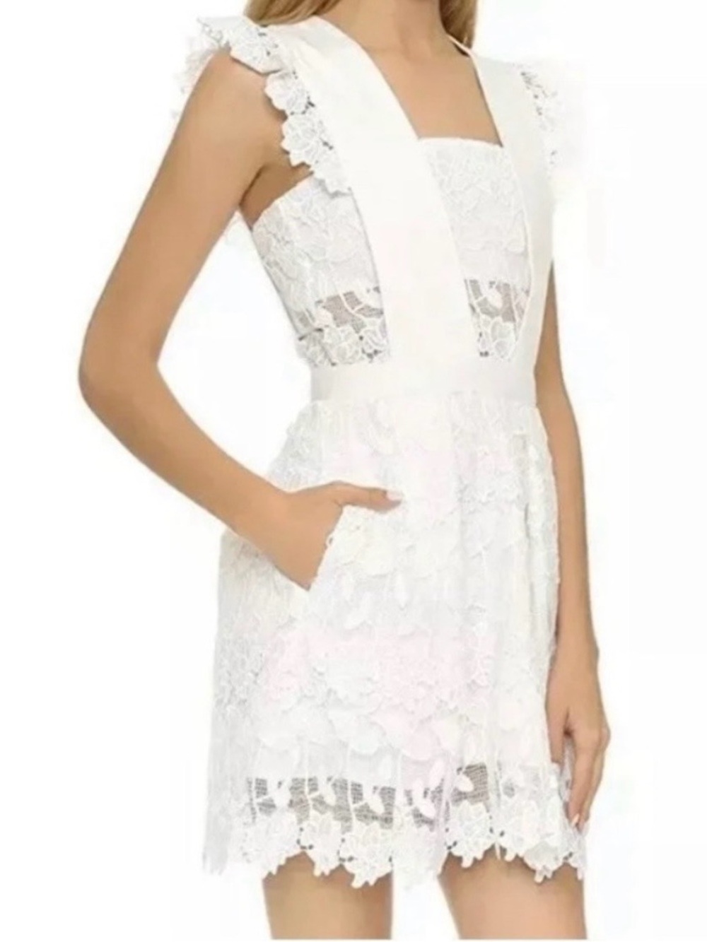 Self-Portrait White Lace Mini Dress with Square Neck